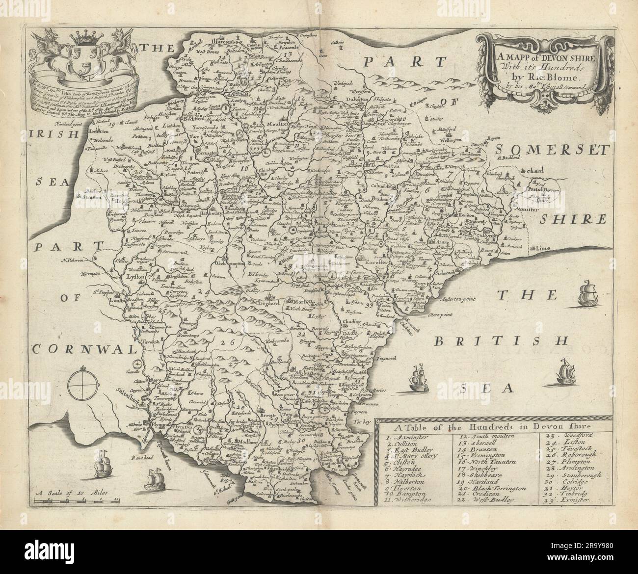 Une Mapp de Devon Shire avec ses centaines par Richard Blome 1673 ancien antique Banque D'Images