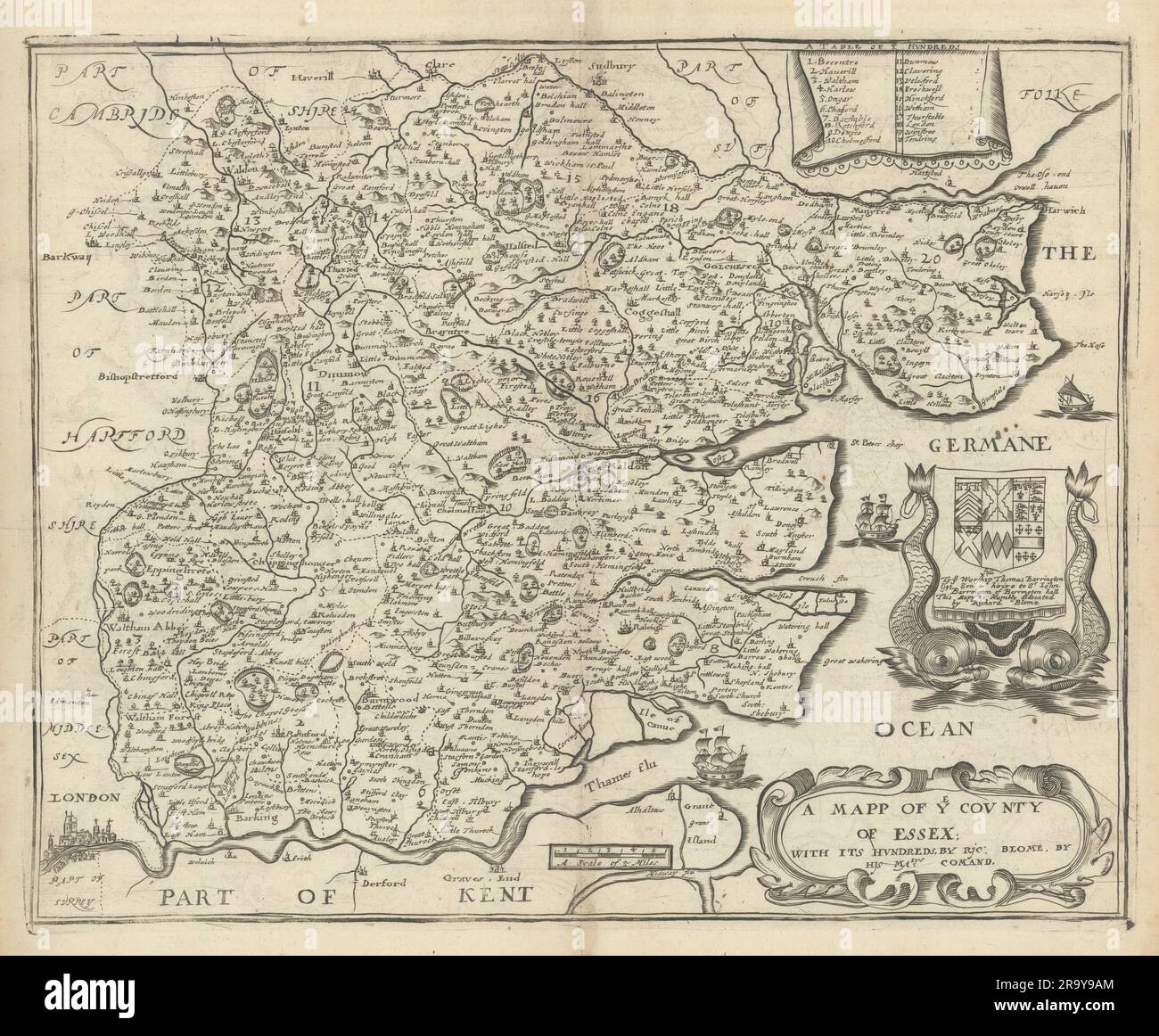 Un Mapp de YE County of Essex; avec ses centaines par Richard Blome 1673 vieux Banque D'Images