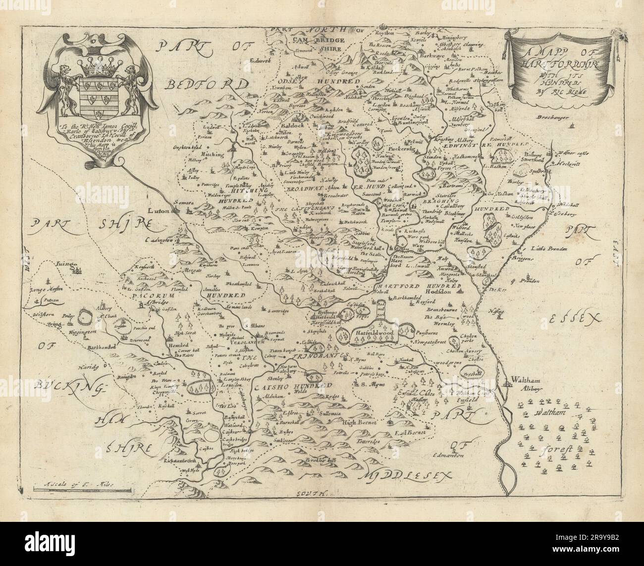Une Mapp de Hartfordshire avec ses centaines par Richard Blome 1673 vieux Banque D'Images