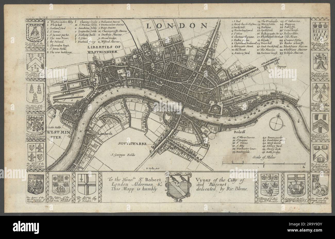 Londres [avant le Grand incendie] par Richard Blome / Venceslaus Hollar 1673 carte Banque D'Images