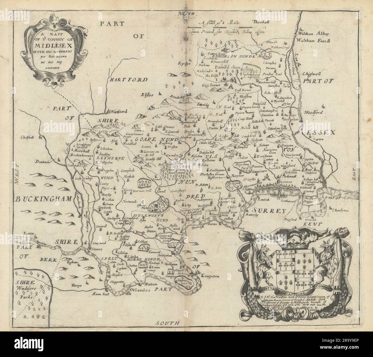 Un Mapp de ye County de Midlesex avec ses centaines par Richard Blome 1673 Banque D'Images