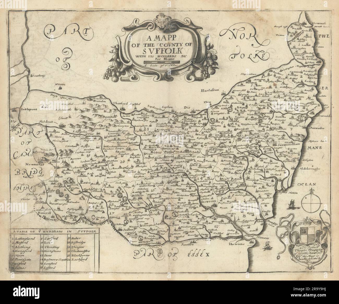 Un mapp du comté de Suffolk avec ses centaines par Richard Blome 1673 Banque D'Images