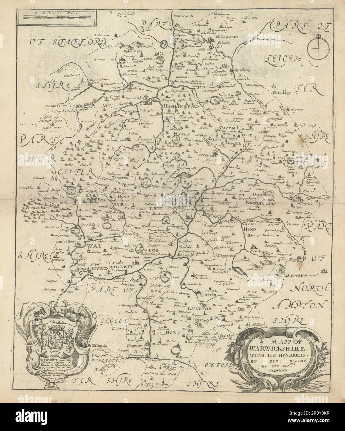 Un Mapp de Warwickshire avec ses centaines par Richard Blome 1673 ancien antique Banque D'Images