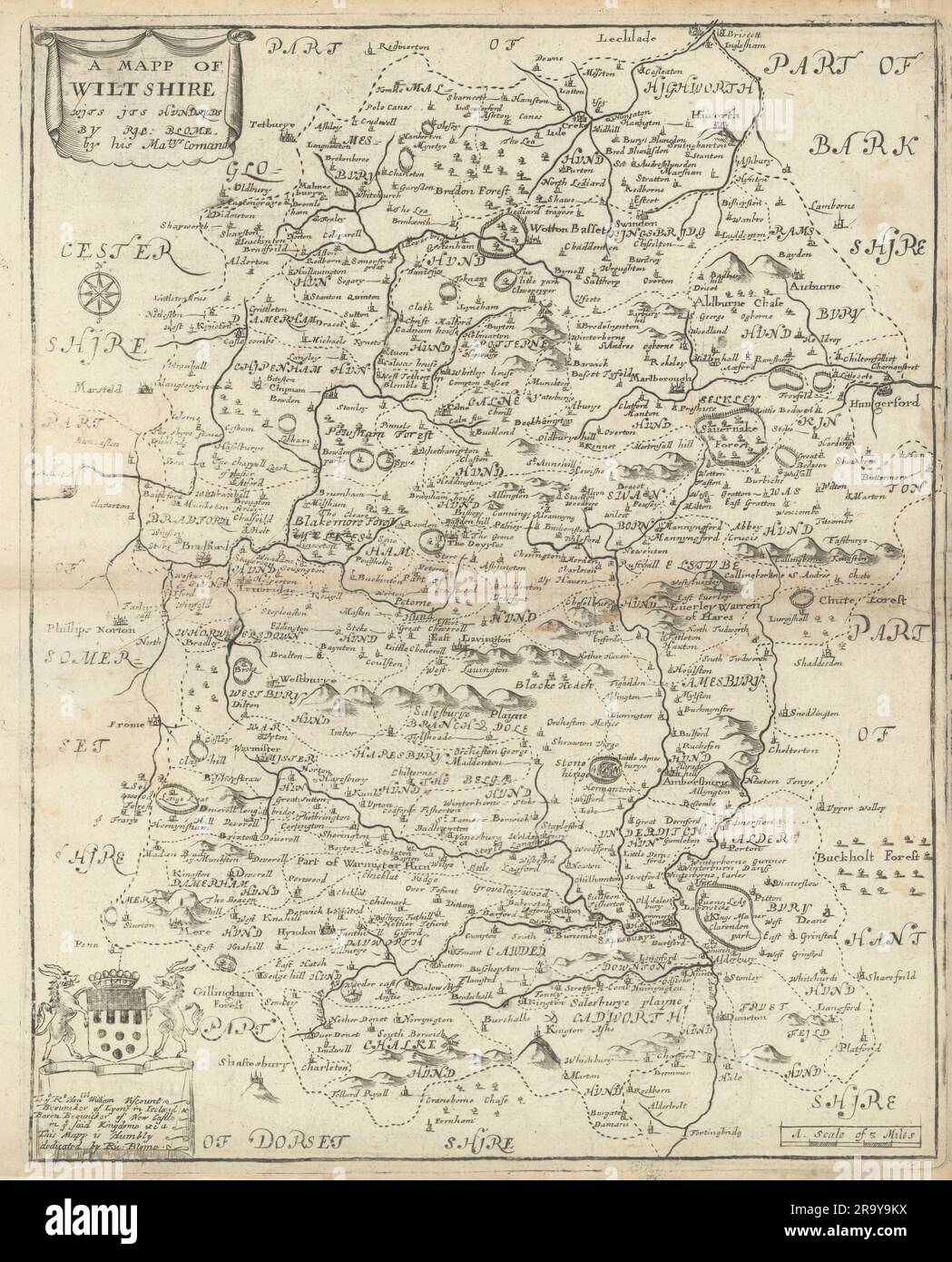 Un Mapp de Wiltshire, ses centaines par Richard Blome 1673 ancien antique Banque D'Images