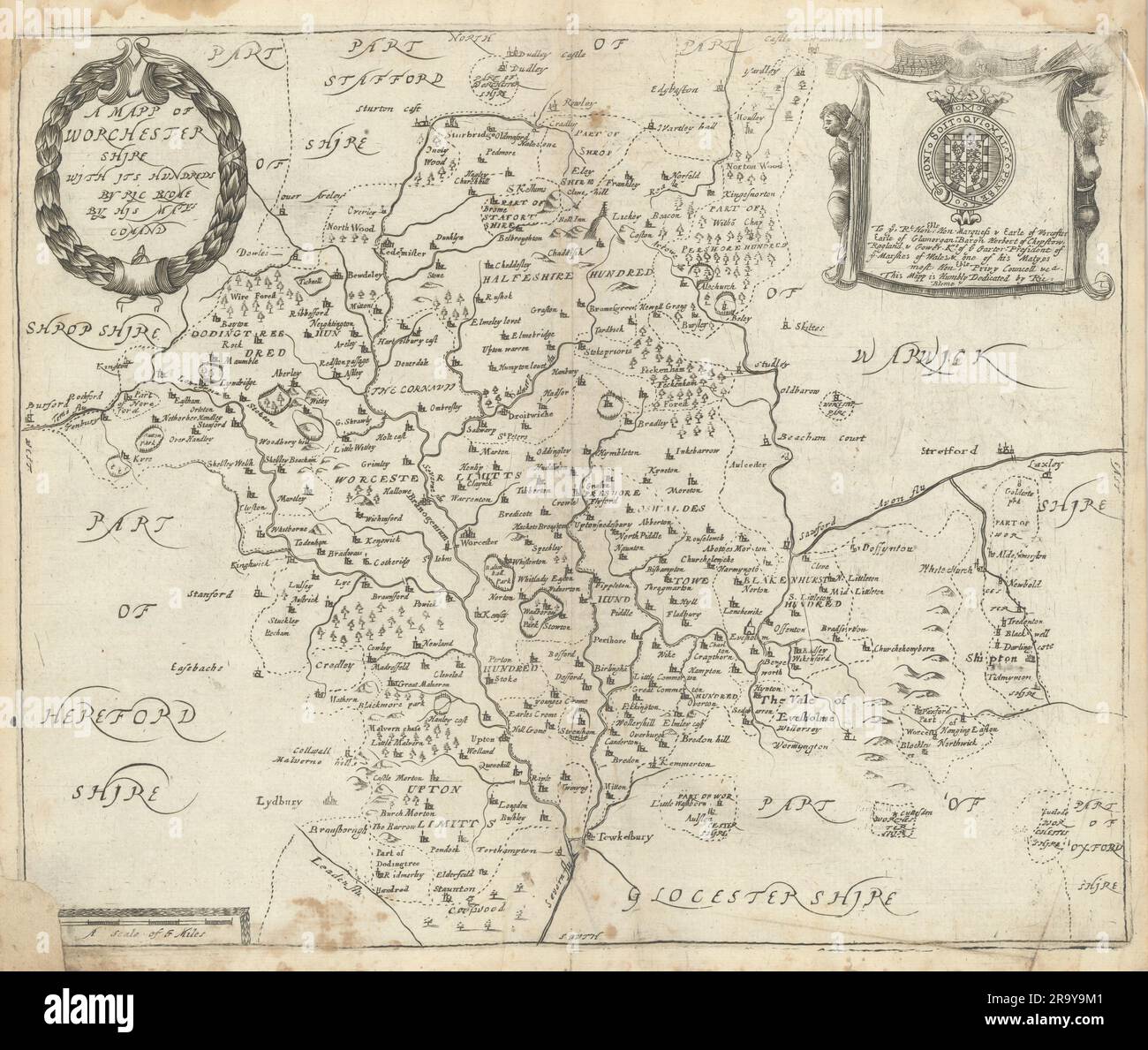 Une Mapp de Worchester Shire, avec ses centaines par Richard Blome 1673 vieux Banque D'Images