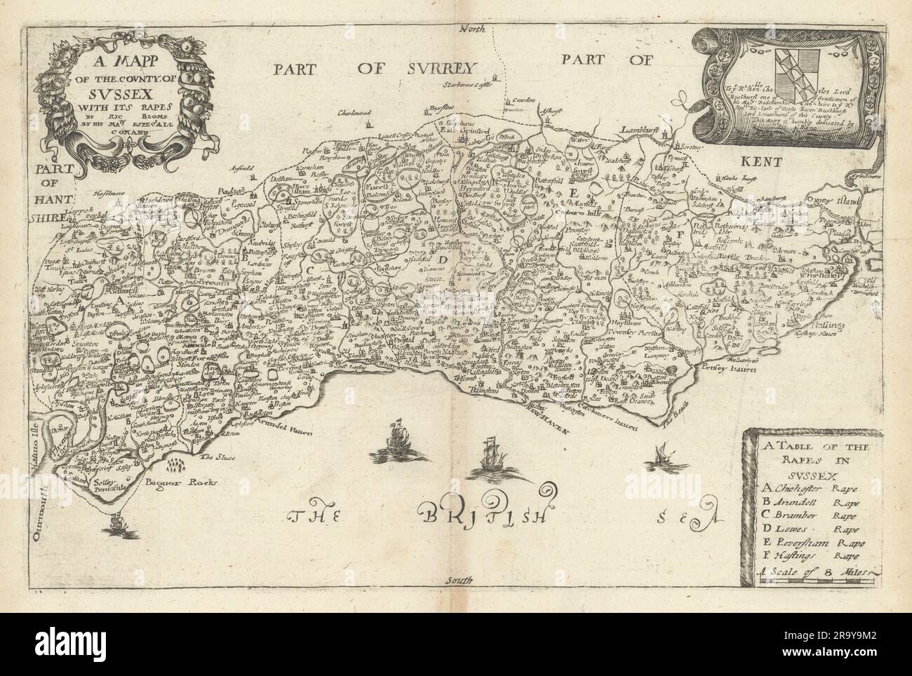 Une Mapp du comté de Sussex avec ses rapes de Richard Blome 1673 vieux Banque D'Images