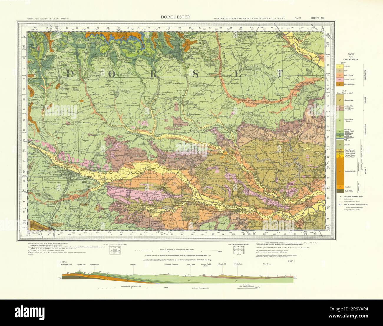 Dorchester. Carte de levés géologiques d'époque. Fiche 328. Dorset Dorset Downs 1966 Banque D'Images