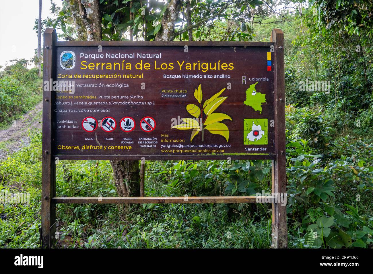 Panneau de signalisation et d'information de Serranía de Los Yariguíes Parque Nacional Natural. Colombie, Amérique du Sud. Banque D'Images