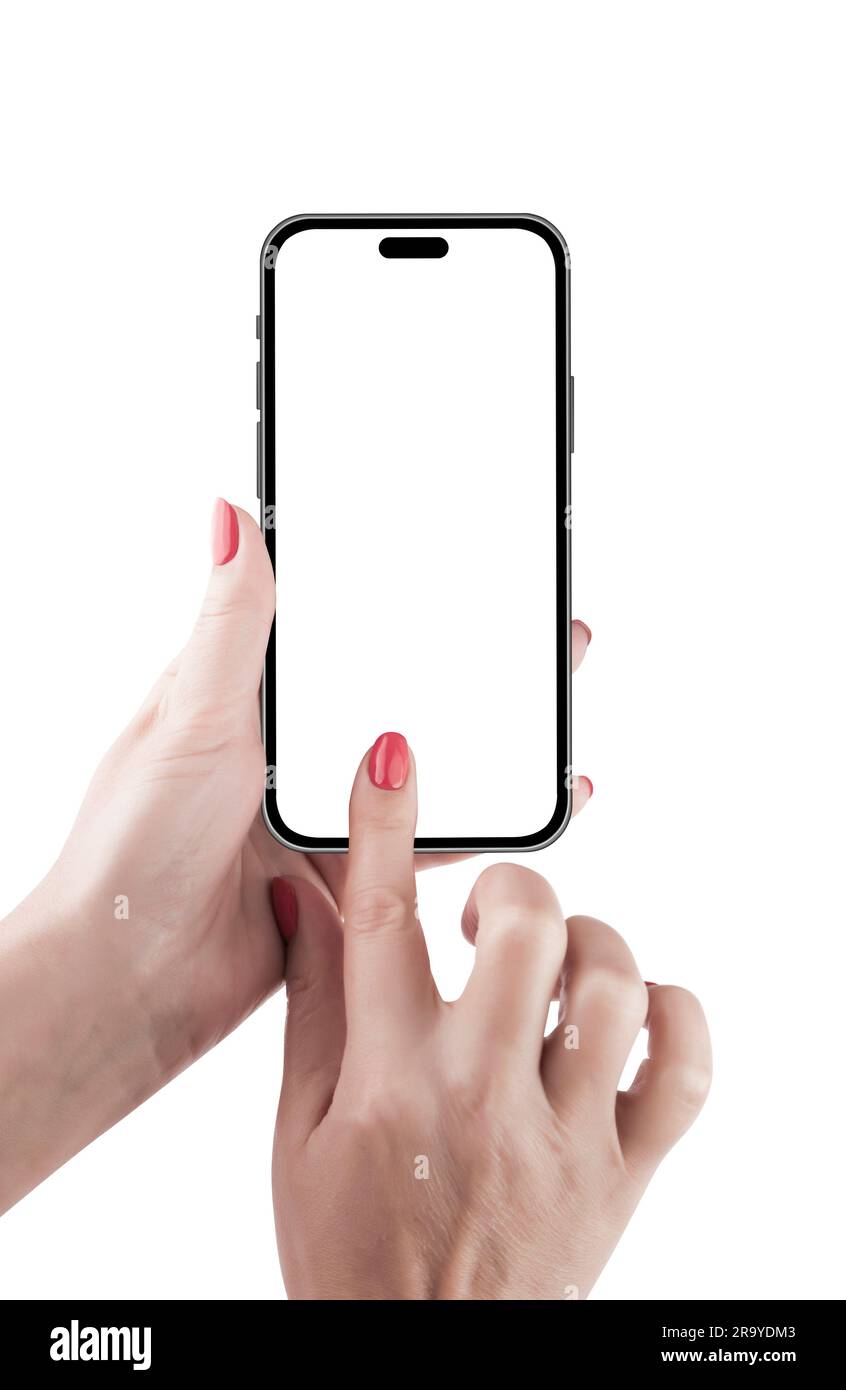 Femme tenant main smartphone maquette et écran transparent et masque isolé pour l'application de conception de site Web Infographic Business Banque D'Images