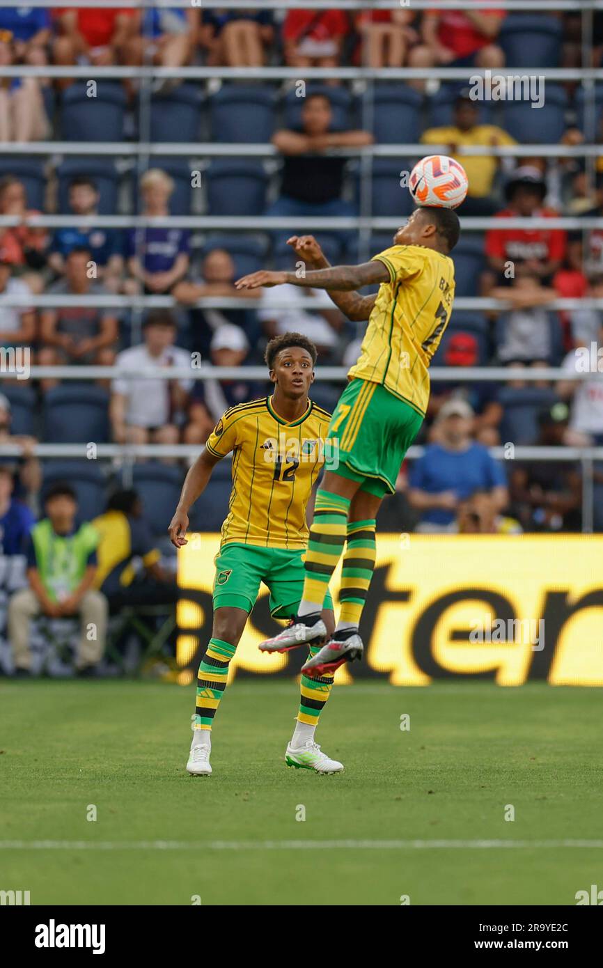 St. Louis, Missouri. États-Unis; Leon Bailey (7), avant de la Jamaïque, dirige le ballon lors d'un match de la coupe d'or de la CONCACAF contre Trinité-et-Tobago mercredi, 28 juin, Banque D'Images