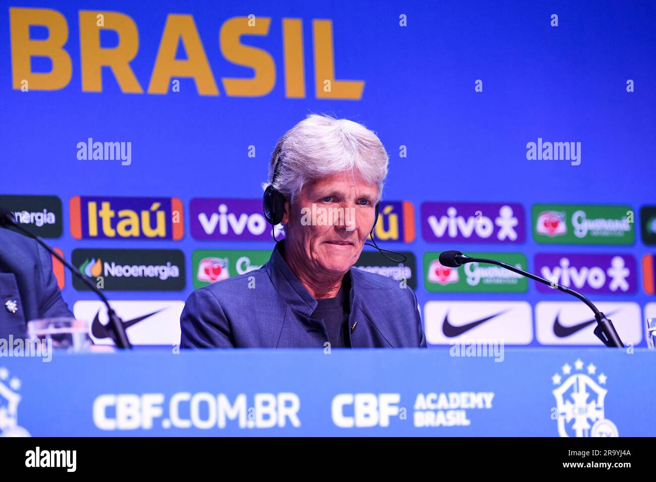 Rio, Brésil - 27 juin 2023 : entraîneur Pia Sundhag lors de l'appel pour la coupe du monde des femmes 2023, tenu au siège de la CBF Banque D'Images