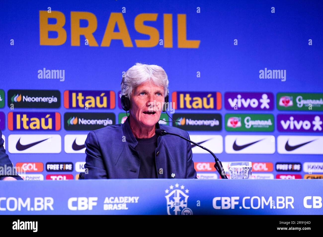 Rio, Brésil - 27 juin 2023 : entraîneur Pia Sundhag lors de l'appel pour la coupe du monde des femmes 2023, tenu au siège de la CBF Banque D'Images
