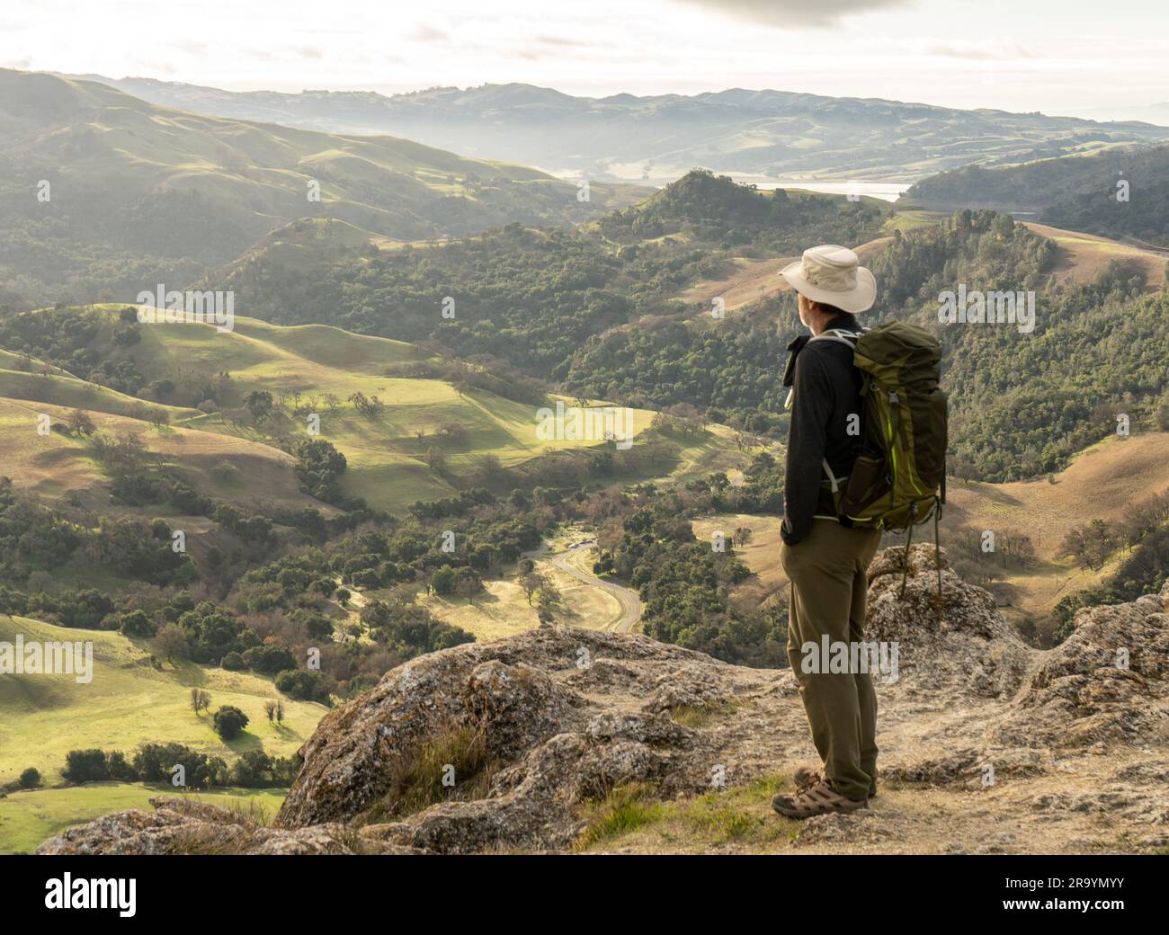 Randonneur debout sur une haute montagne regardant un paysage avec des arbres, des champs, la vallée et le réservoir en dessous, Flag Hill, Parc régional de Sunol, Californie Banque D'Images