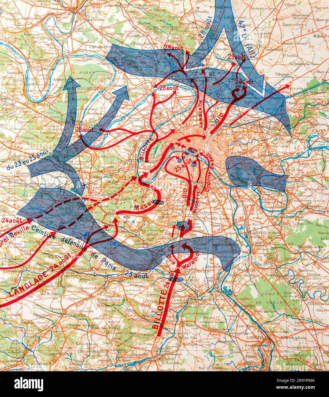 Illustration de la carte du livre de la Guerre mondiale 2 imprimée en 1946 montrant les mouvements de l'armée des alliés et de l'axe sur le territoire français en 1944. Banque D'Images
