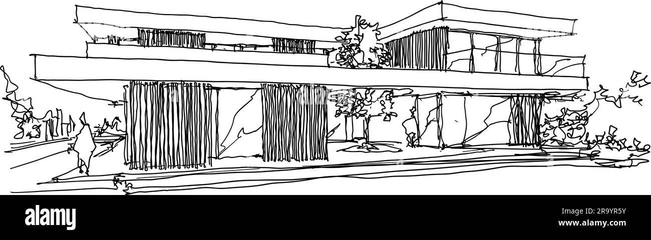 croquis architecturaux dessinés à la main d'une maison individuelle moderne de deux étages avec toit plat et personnes autour Banque D'Images