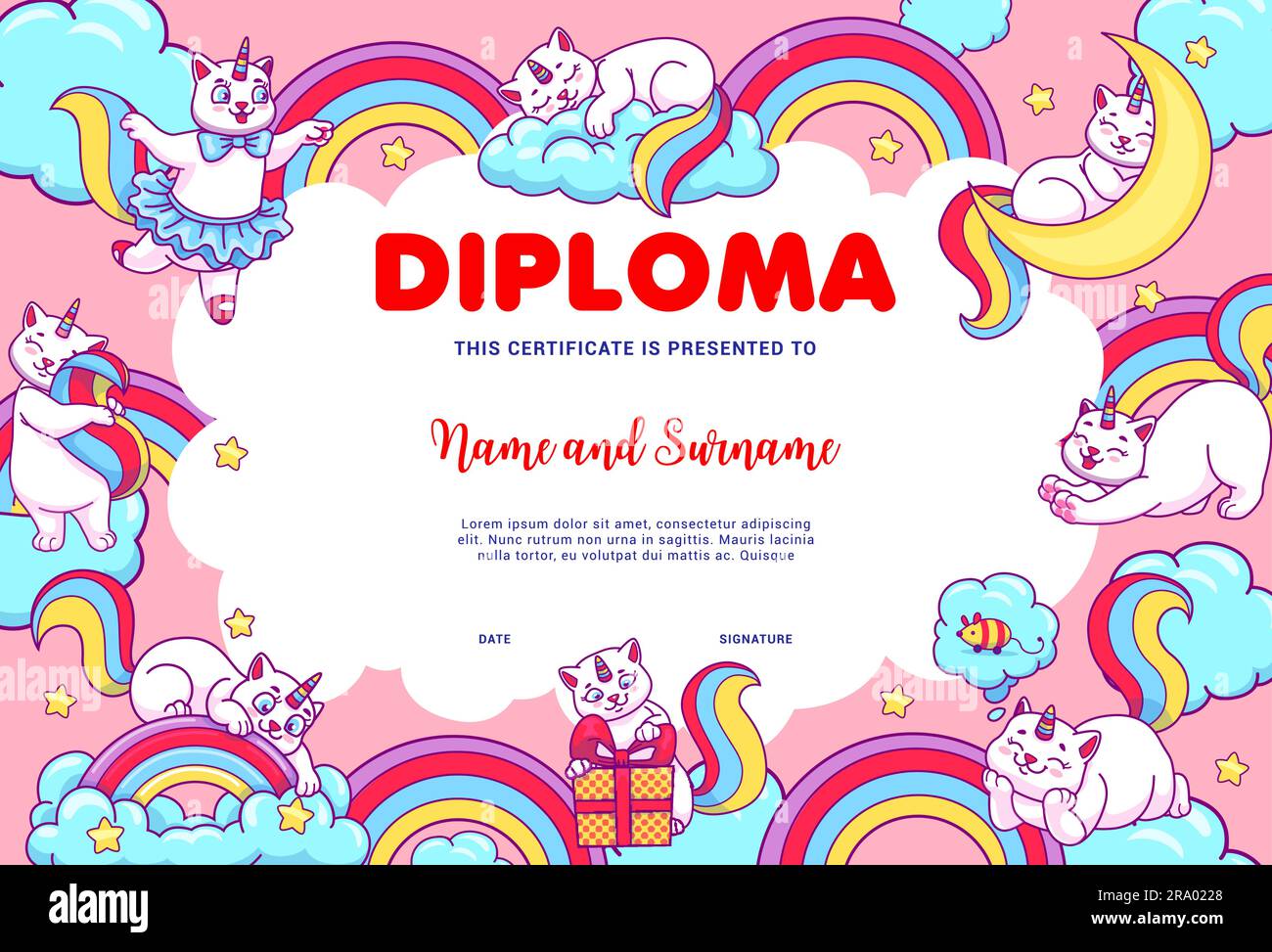 Diplôme pour enfants, caticorne de dessins animés sur l'arc-en-ciel et les nuages, certificat d'éducation de vecteur. Adorable chat licorne ou caticorne kitten personnages jouant sur l'école ou l'atelier de maternelle diplôme d'arrière-plan Illustration de Vecteur