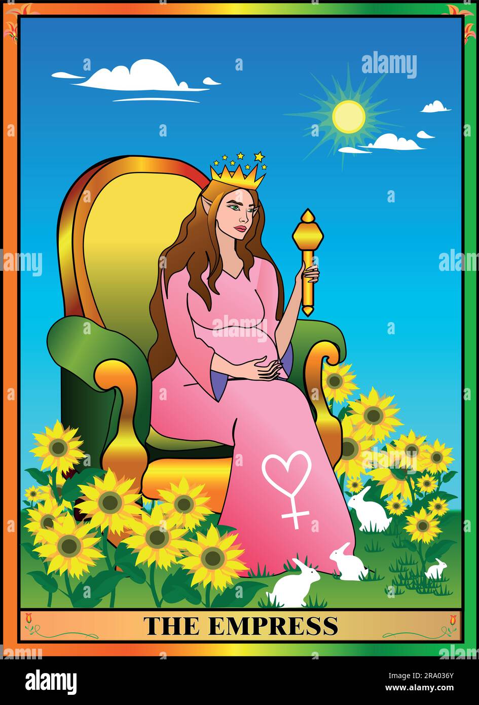 Insérer la carte tarot. L'impératrice est assise dans un fauteuil dans la nature parmi les tournesols et les lapins bruns. Une belle journée ensoleillée. Cartes Tarot Illustration de Vecteur