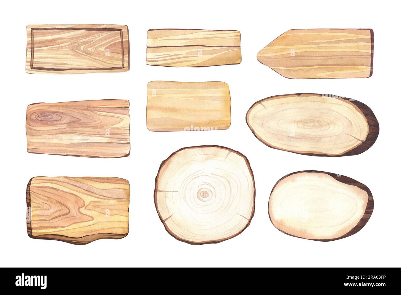 Aquarelle définir le pointeur en bois de la rue signes guide. Illustration dessinée à la main en bois texturé isolée sur fond blanc. Panneau rustique parfait pour Banque D'Images
