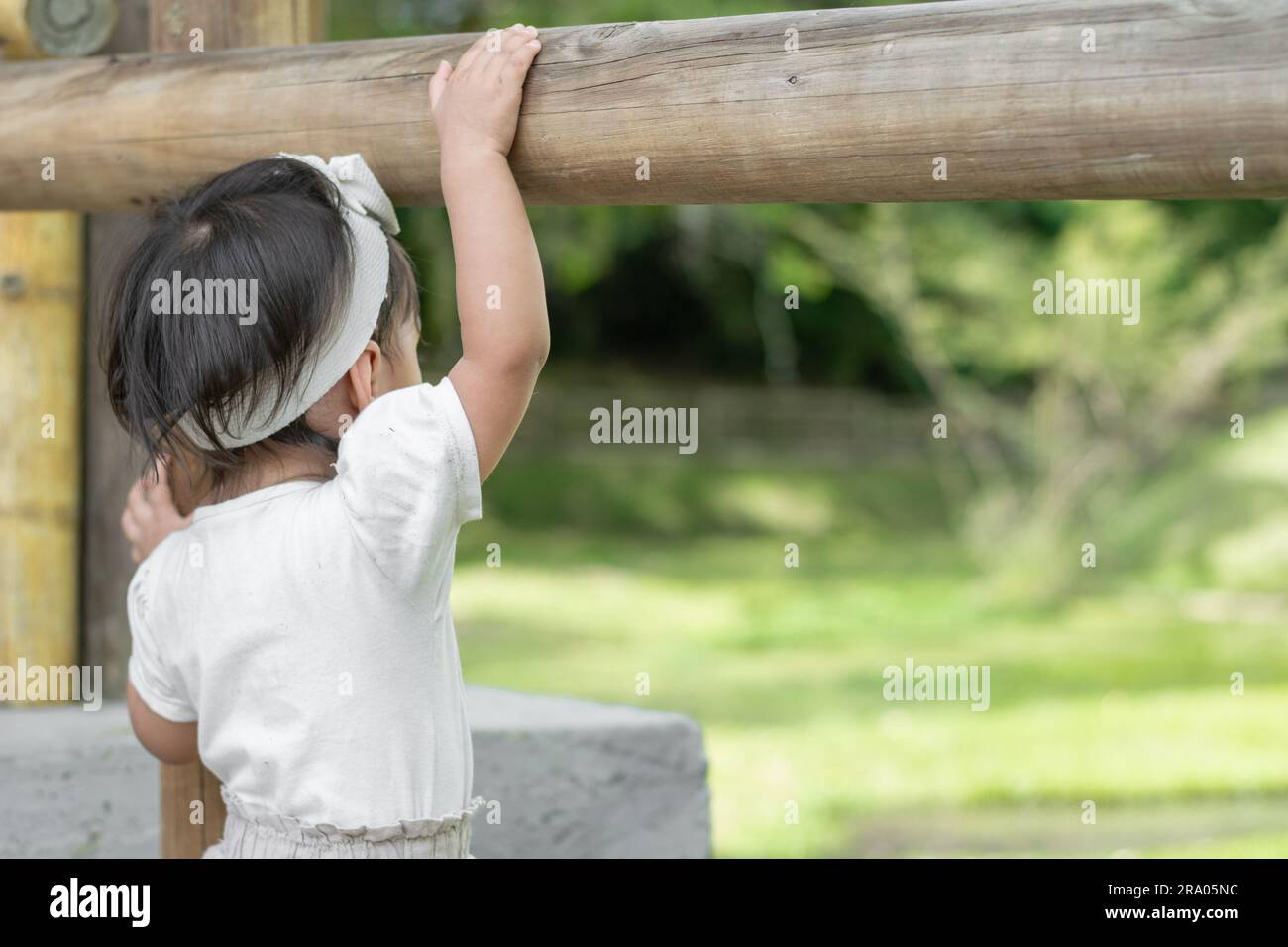 vue sur l'arrière d'une petite fille latine qui se tient à côté de la clôture en bois et qui admire la nature Banque D'Images