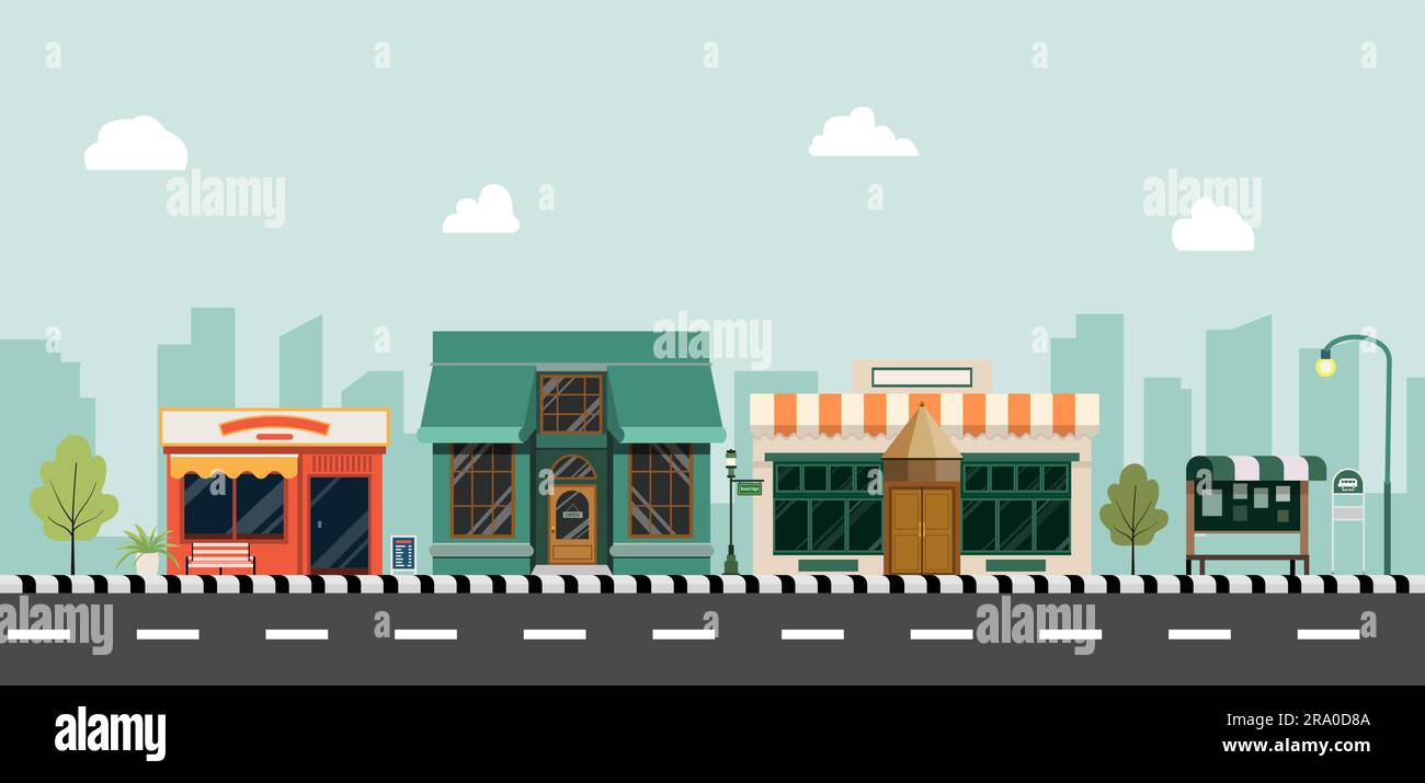 Paysage urbain avec bâtiments, boutiques et arrêts de bus.façade sur rue avec fond de ville. Façade de magasin avec scène routière Illustration de Vecteur