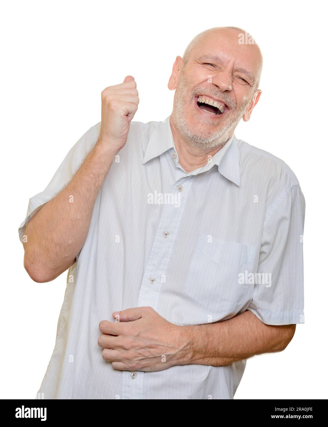 Chemise en coton léger avec man Laughing Out Loud, isolé sur fond blanc Banque D'Images