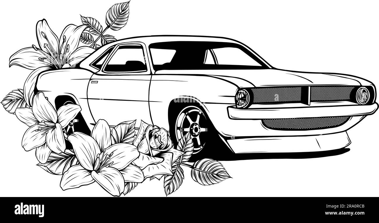 Illustrations de la gamme de muscle cars Illustration de vecteur automobile. Design de voiture de sport vintage pour étiquette, badge, publicité ou panneau. Illustration de Vecteur