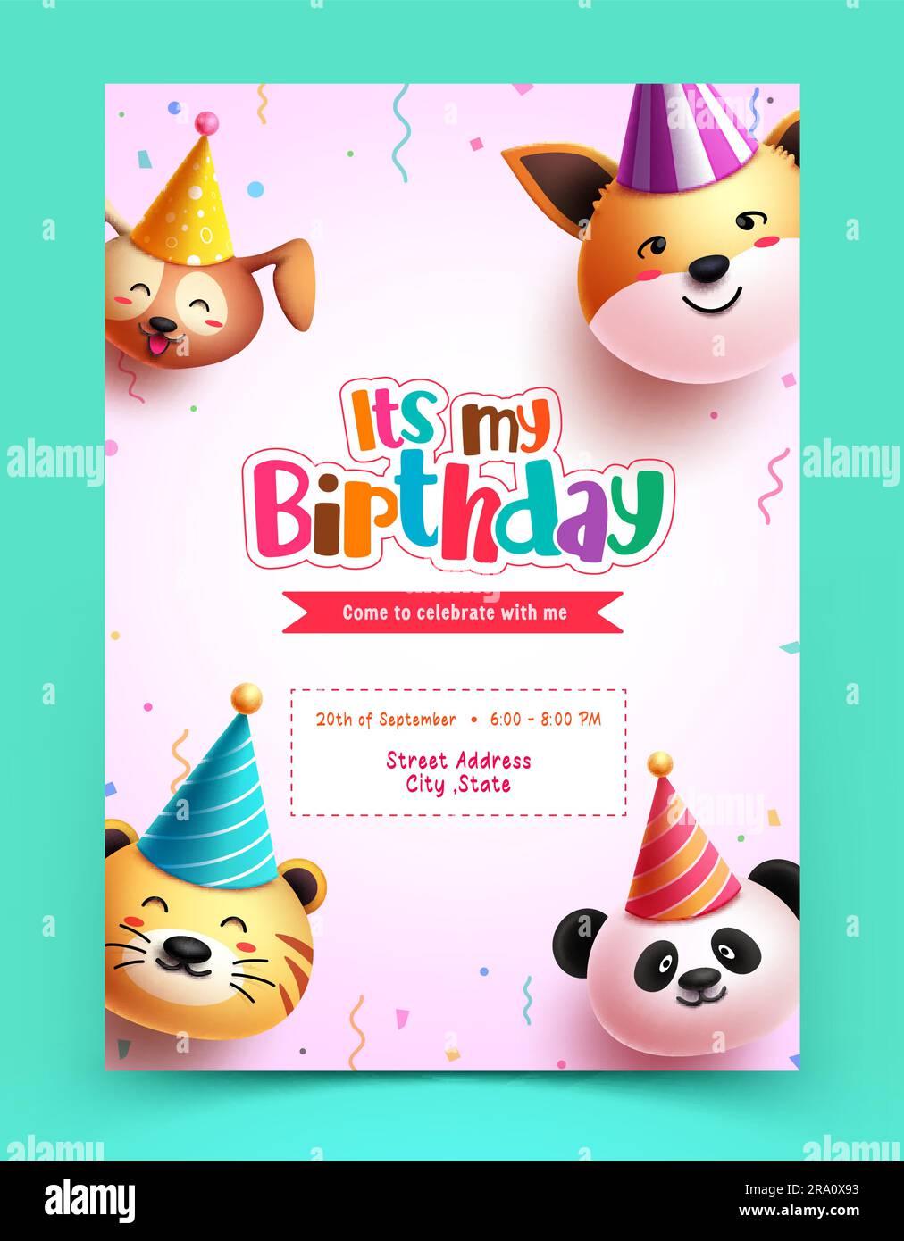 Carte d'invitation d'anniversaire motif poster vectoriel. Joyeux anniversaire fête d'enfants avec des éléments de personnages de dessin animé animal. Illustration vectorielle Illustration de Vecteur