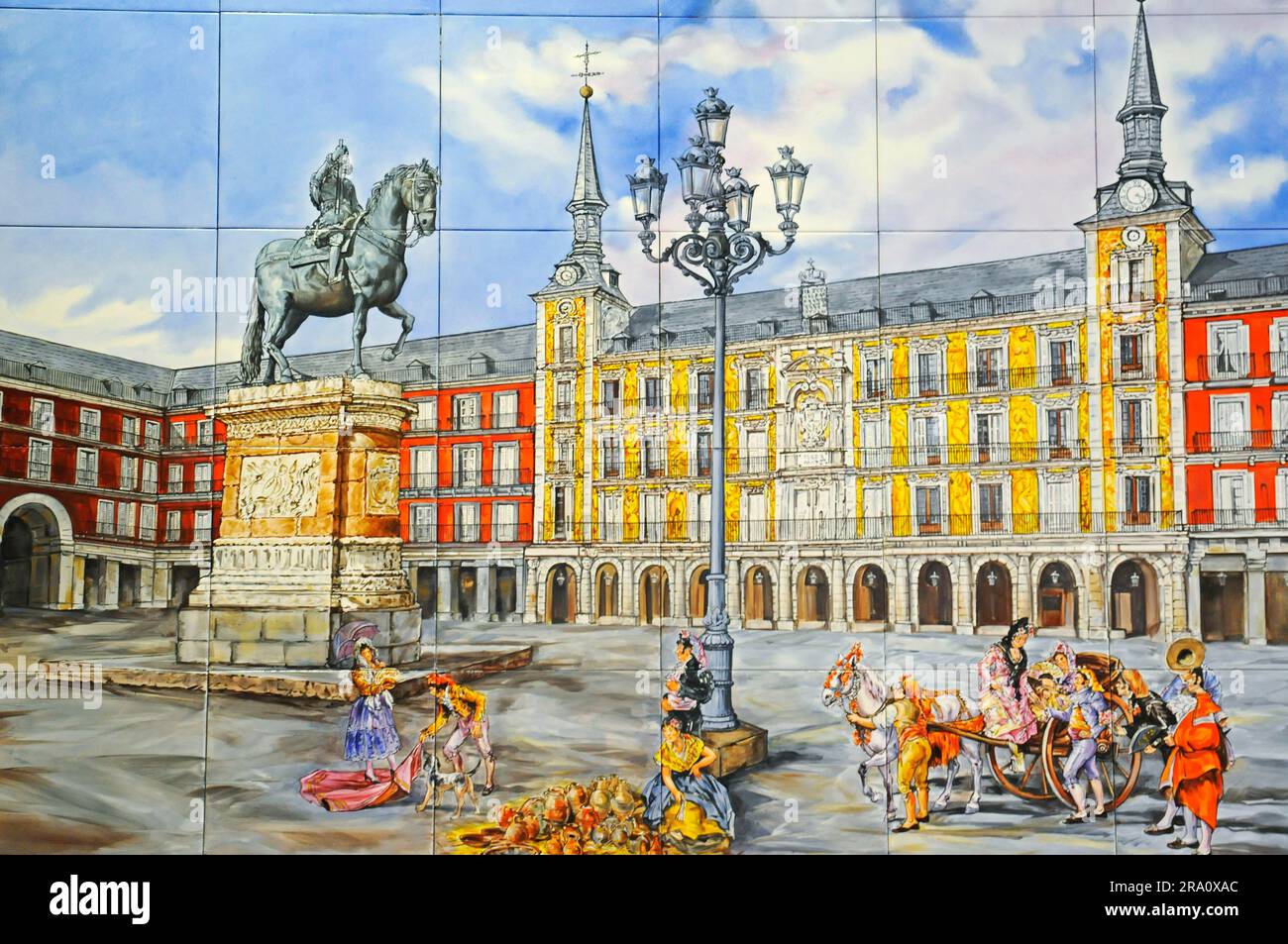 Azulejos, art céramique, image de la Plaza Mayor, Madrid, Espagne, tuiles, statue équestre de Philippe III Banque D'Images