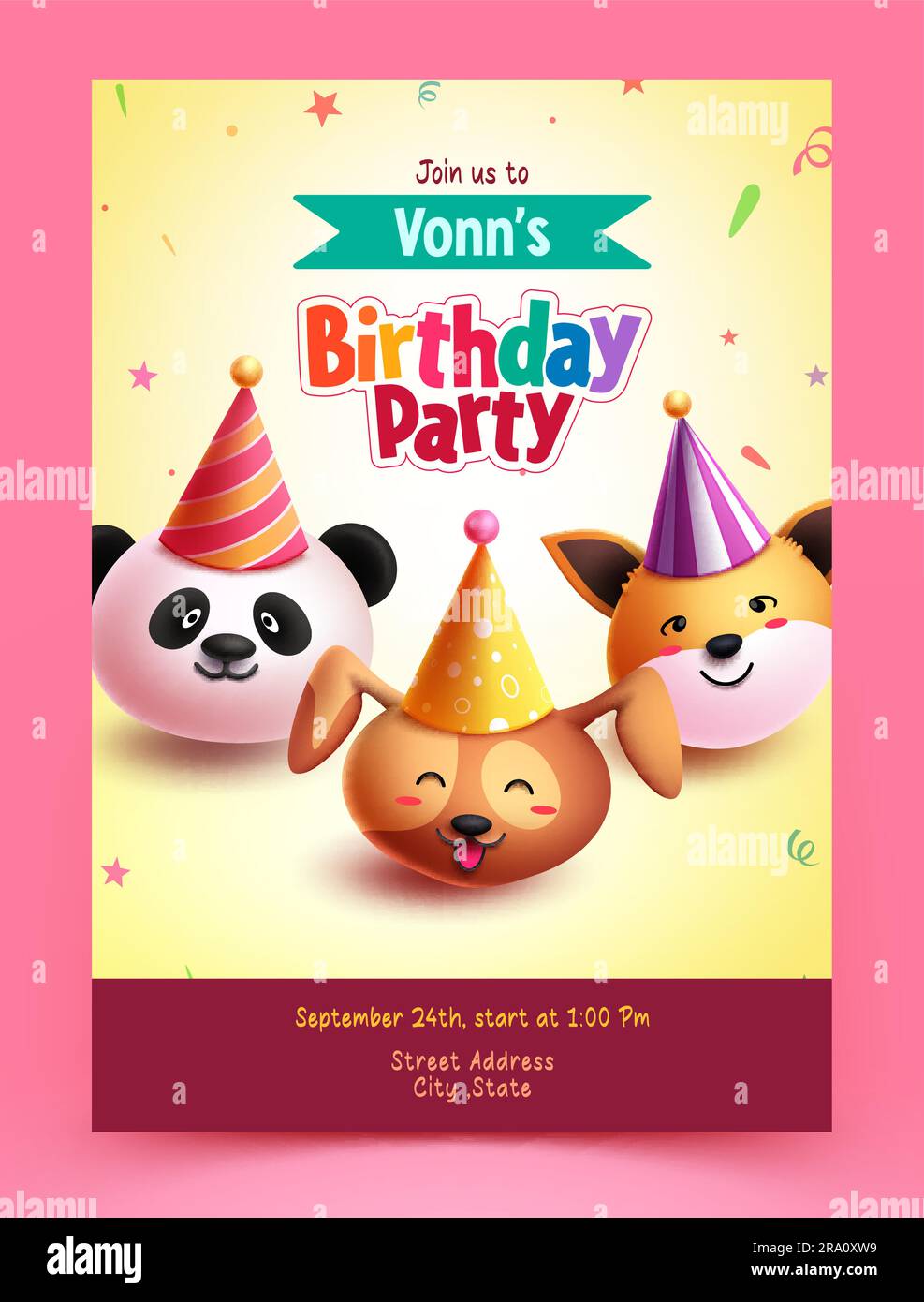 Motif poster vectoriel texte anniversaire. Mise en page de la carte d'invitation à l'anniversaire avec carte postale des personnages animaux. Célébration de l'illustration vectorielle Illustration de Vecteur