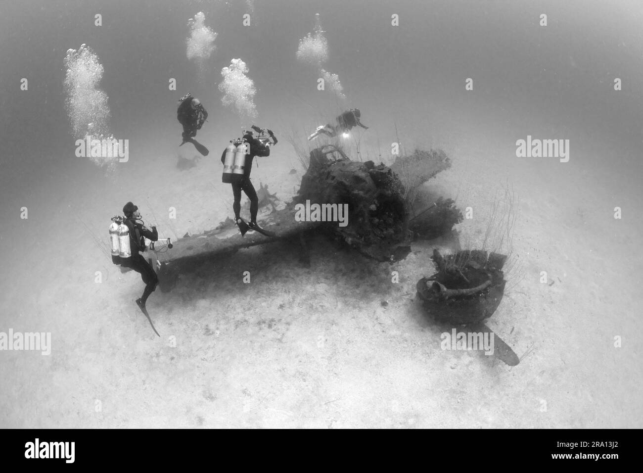 Plongeur sur avion de chasse à côté de l'USS Saratoga, atoll de bikini, Îles Marshall, Micronésie Banque D'Images