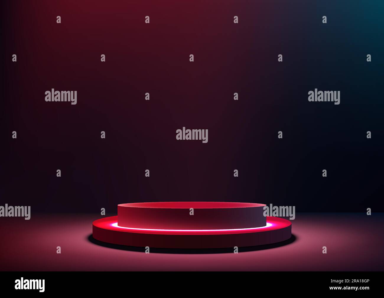 Vitrine technologique moderne avec ce podium rouge vif de 3D couleurs néon au sol de la salle de studio. Explorez le concept futuriste et plongez dans l'univers Illustration de Vecteur
