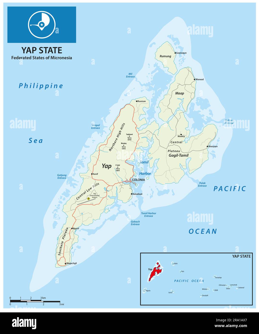 Carte routière de l'île de Yap, États fédérés de Micronésie Banque D'Images