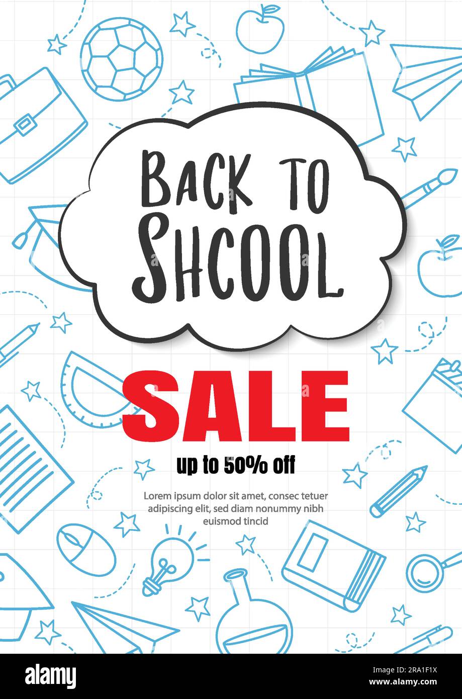 Retour à la vente d'école dans un arrière-plan de style Doodle. Bandeau d'objets et de symboles dessinés à la main pour l'éducation. Illustration de Vecteur