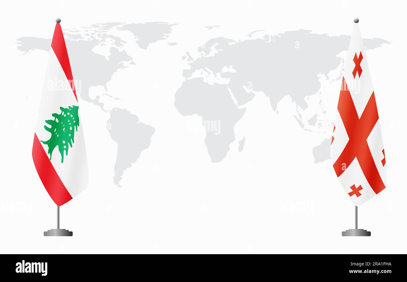 Drapeaux du Liban et de la Géorgie pour une réunion officielle sur fond de carte du monde. Illustration de Vecteur