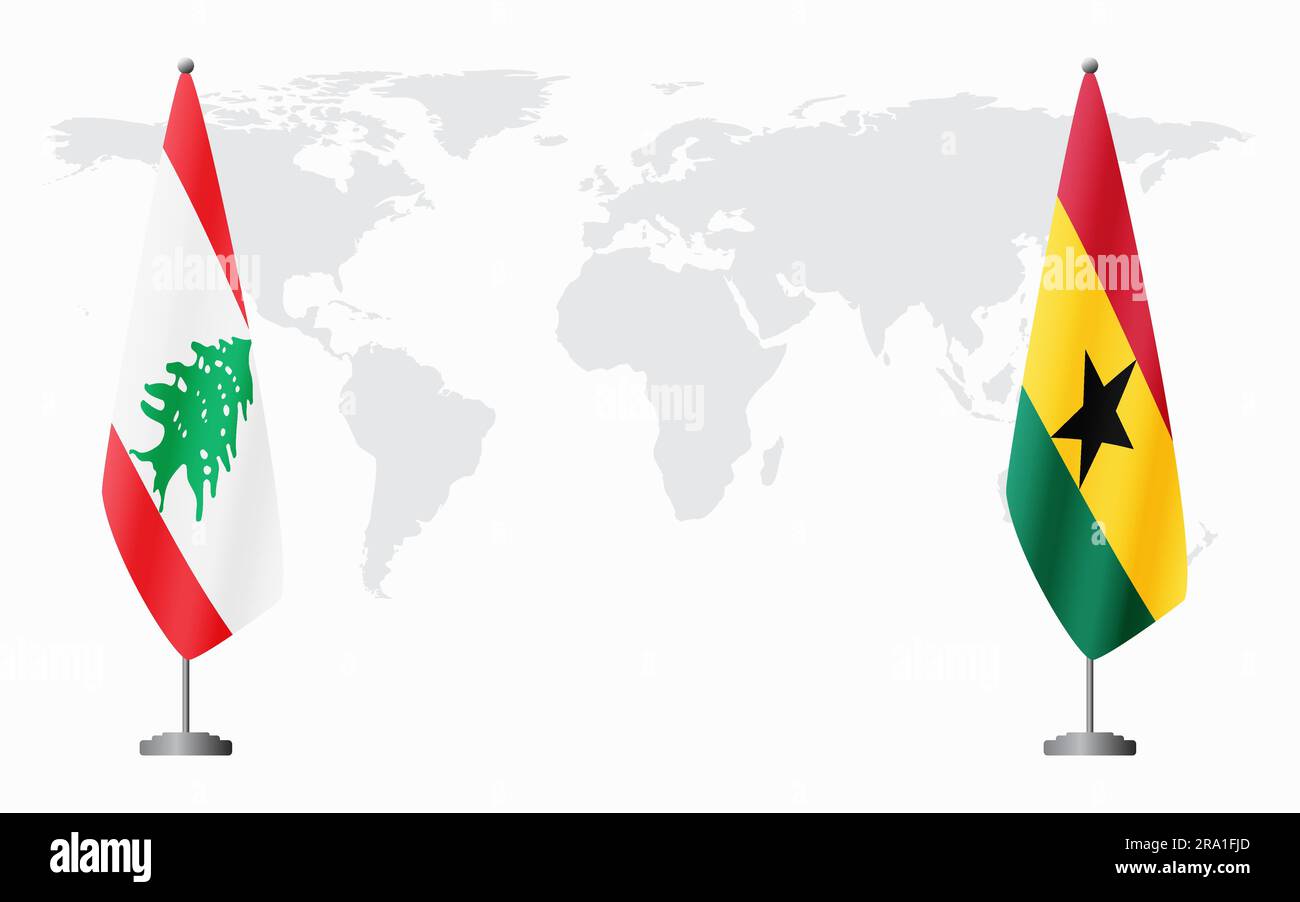 Le Liban et le Ghana drapeaux pour une réunion officielle sur fond de carte du monde. Illustration de Vecteur