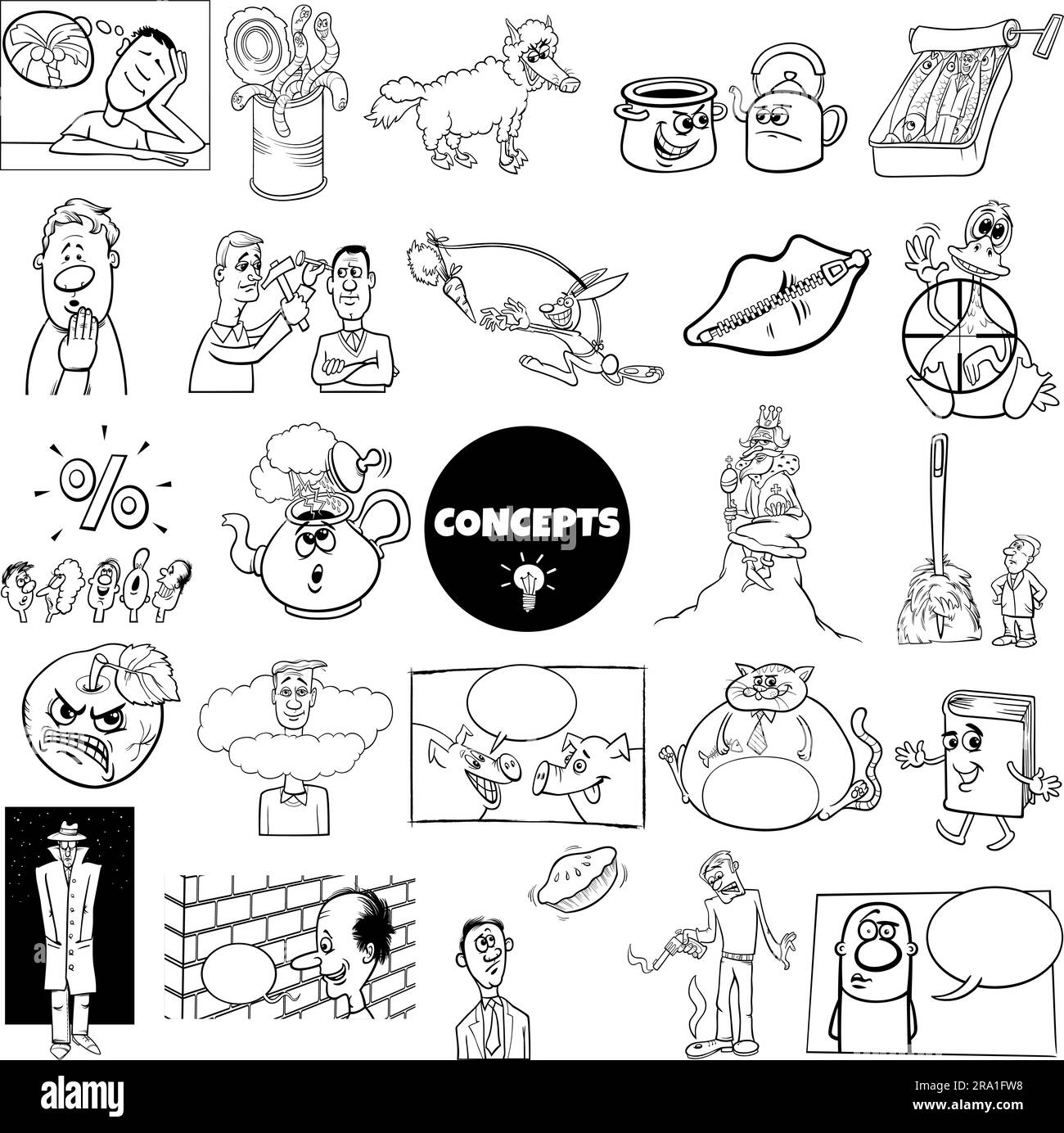 Ensemble d'ilustration noir et blanc de concepts humoristiques de dessins animés ou de métaphores et d'idées avec des personnages comiques Illustration de Vecteur