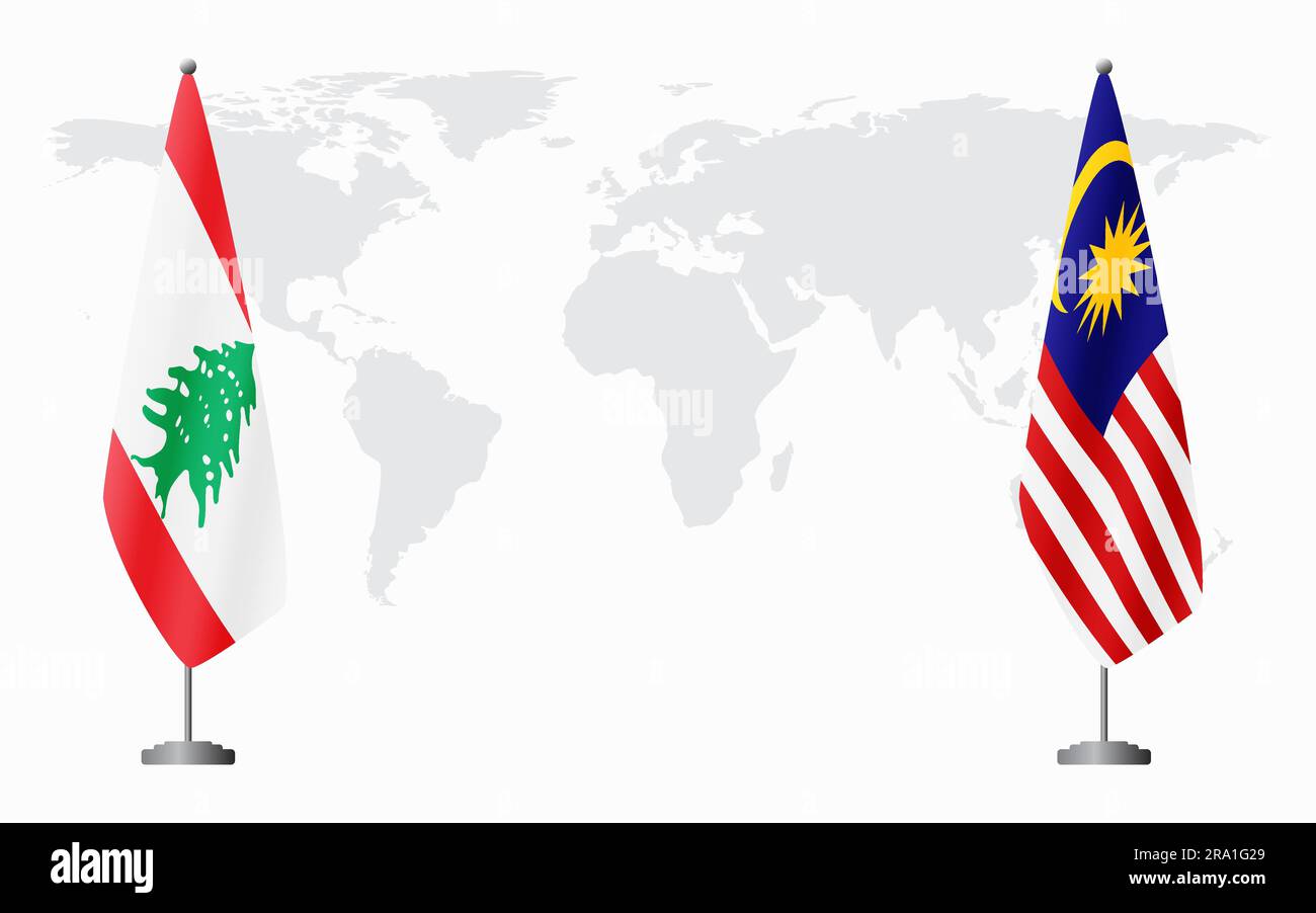 Le Liban et la Malaisie drapeaux pour une réunion officielle sur fond de carte du monde. Illustration de Vecteur
