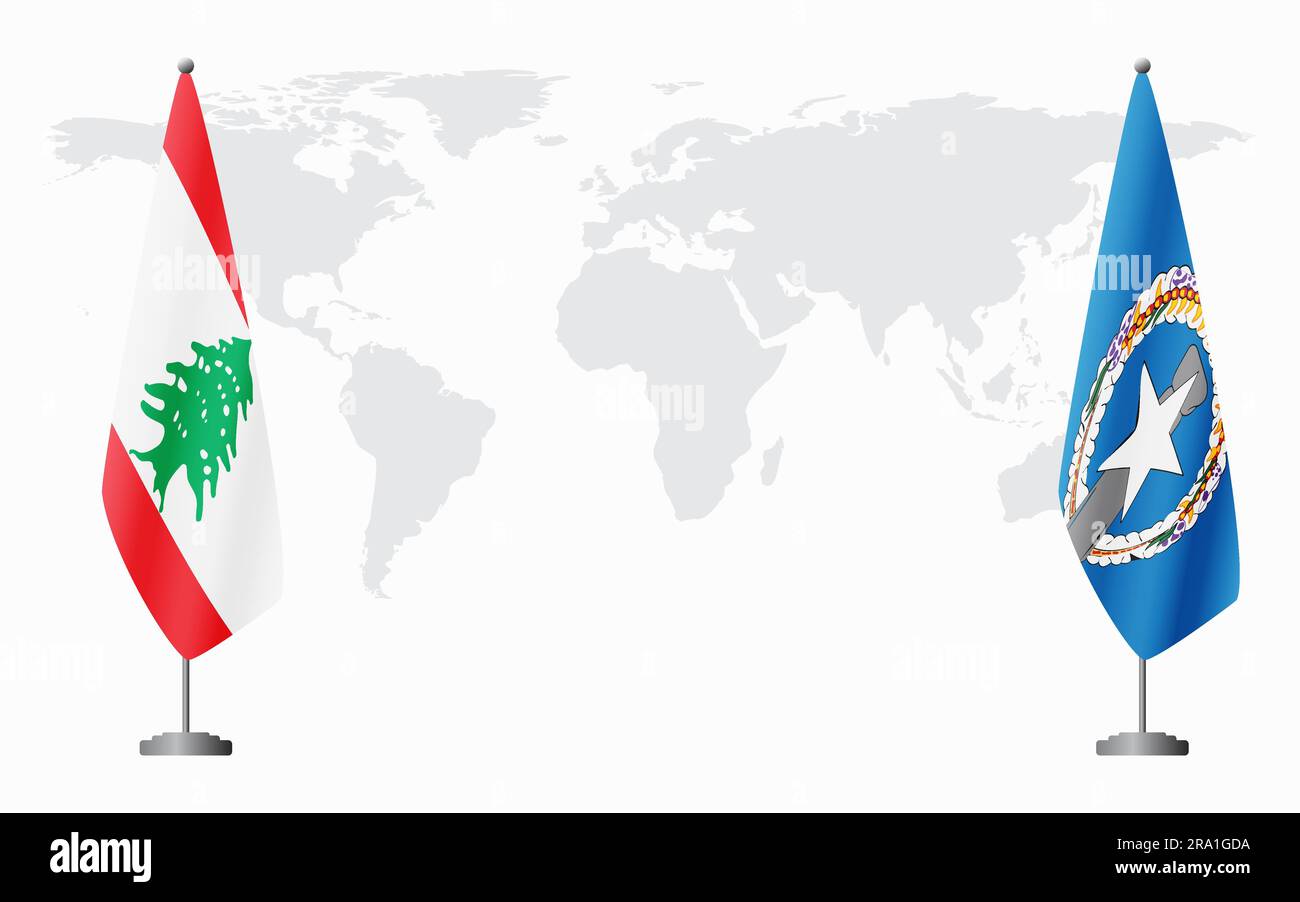 Le Liban et les îles Mariannes du Nord drapeaux pour une réunion officielle sur fond de carte du monde. Illustration de Vecteur