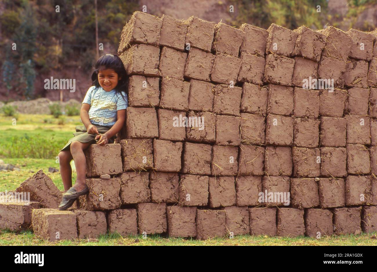 Pérou, région de Cusco; pierres d'Adobe, un mélange d'argile, de sable et de petites pierres; le matériel de construction traditionnel pour la construction de maisons. Banque D'Images
