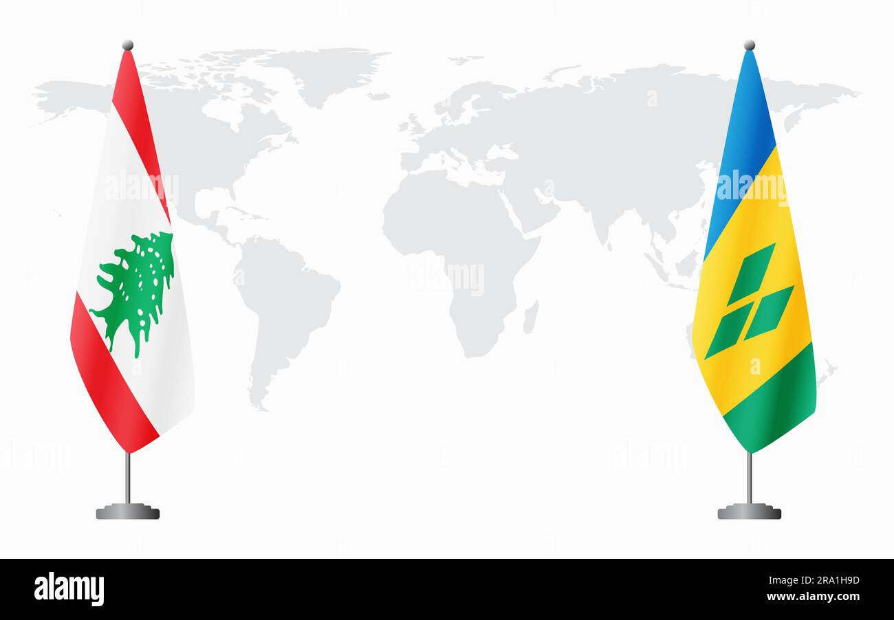 Le Liban et Saint-Vincent-et-les Grenadines drapeaux pour une réunion officielle sur fond de carte du monde. Illustration de Vecteur