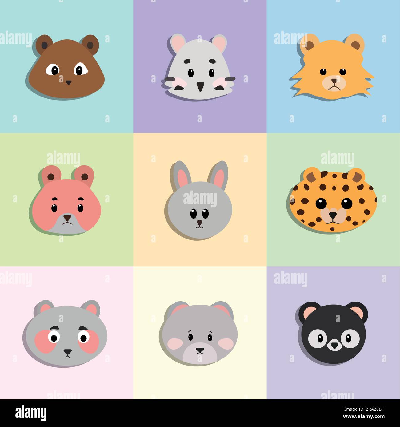 Collection de têtes animales de dessin animé de style flat-icon sur fond de grille coloré Illustration de Vecteur