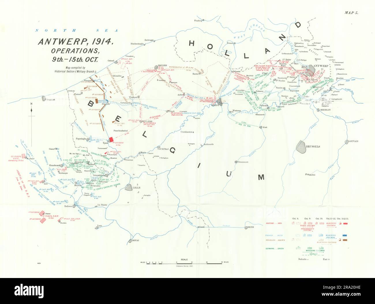 Bataille d'Anvers, 1914. Exploitation, 9th-15th oct Première Guerre mondiale. 1933 carte Banque D'Images Bataille d'Anvers, 1914. Exploitation, 9th-15th oct Première Guerre mondiale. 1933 carte Banque D'Images