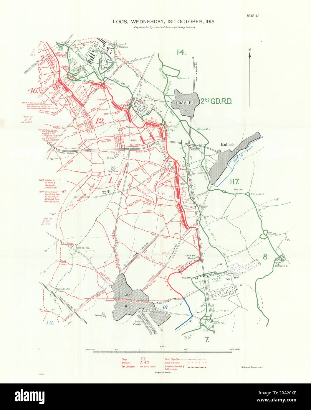 Bataille de Loos, mercredi 13th octobre 1915. WW1. Trenches 1927 ancienne carte Banque D'Images