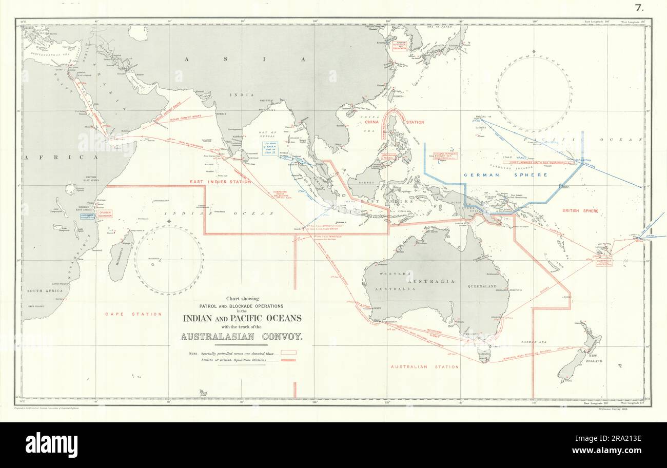 Océan Indien et Pacifique. Convoi Australasien 1914. Première Guerre mondiale. 1920 carte Banque D'Images