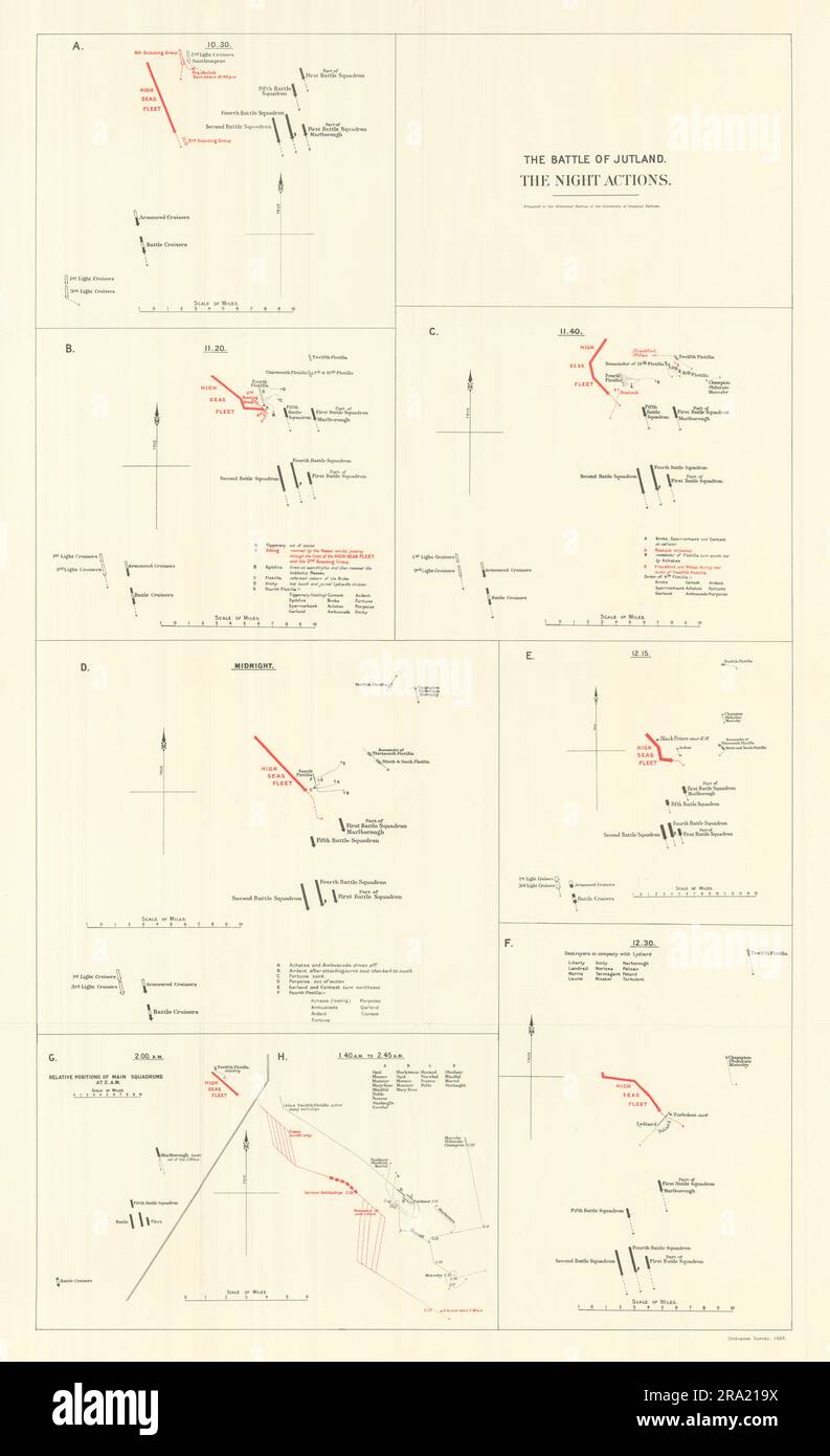 Bataille de Jutland. Actions de nuit 31 mai 1916. Première Guerre mondiale. 1923 ancienne carte Banque D'Images