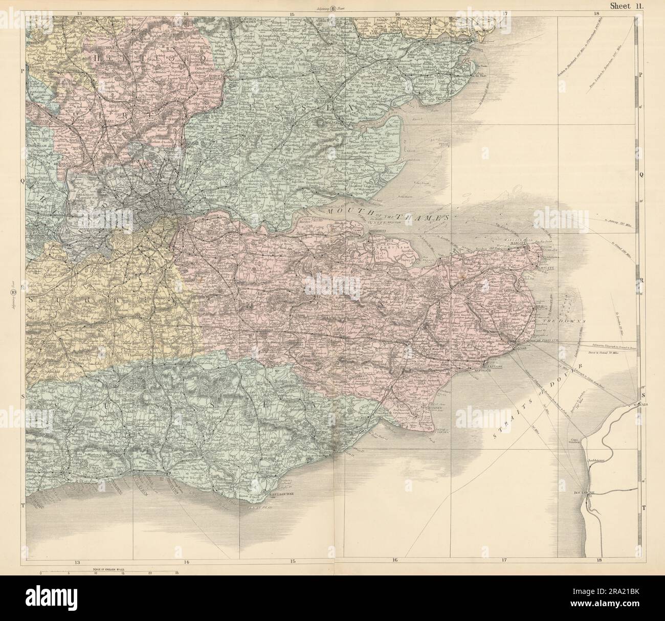 Angleterre du Sud-est Accueil comtés Kent Sussex Essex Thames ESTUARY BACON 1883 carte Banque D'Images