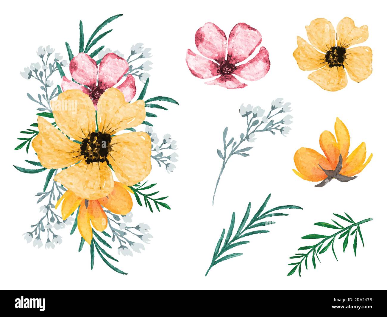 Illustration d'un bouquet de fleurs aquarelles avec des fleurs et des feuilles isolées Illustration de Vecteur