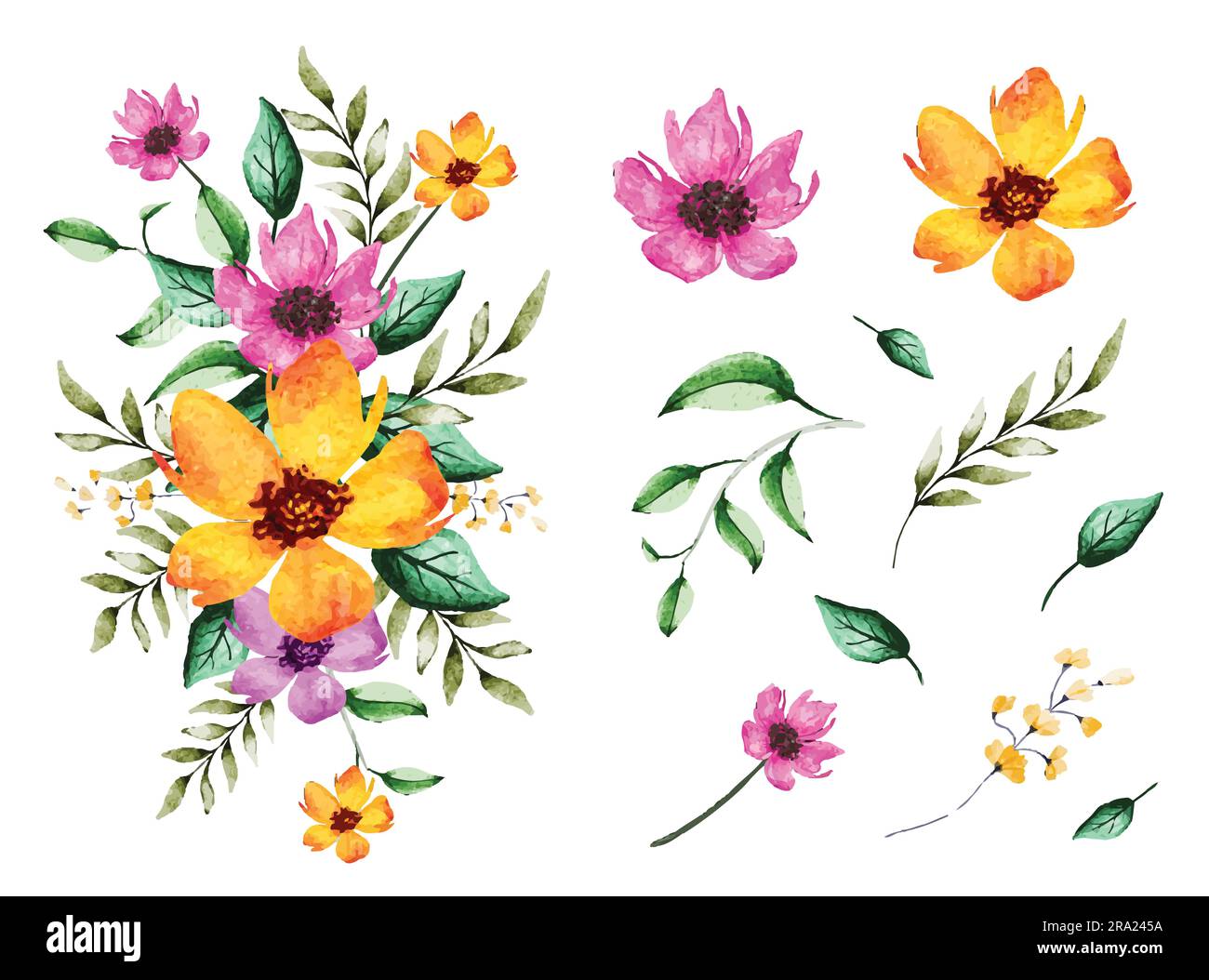 Bouquet de fleurs aquarelles peint avec des fleurs et des feuilles isolées Illustration de Vecteur