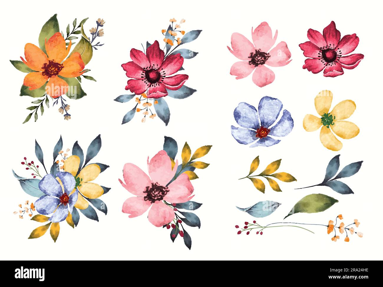 Ensemble de fleurs et de feuilles aquarelles clip-art isolé Illustration de Vecteur