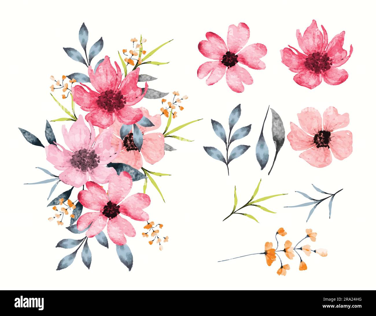 Collection de fleurs et de feuilles aquarelles pastel avec bouquet Illustration de Vecteur